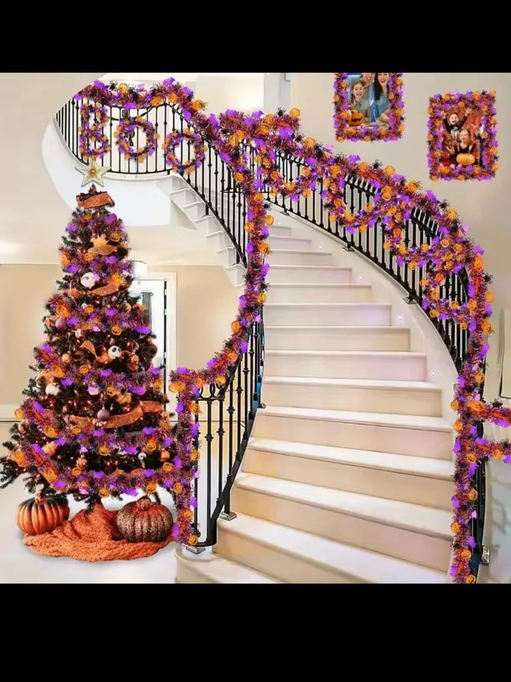 Halloween Tinsel Garland with Orange, Purple & Black Accents